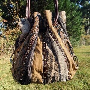 Vintage Chateau Faux-Leather Gold Hoop Studded Multi-Print Hobo Bag